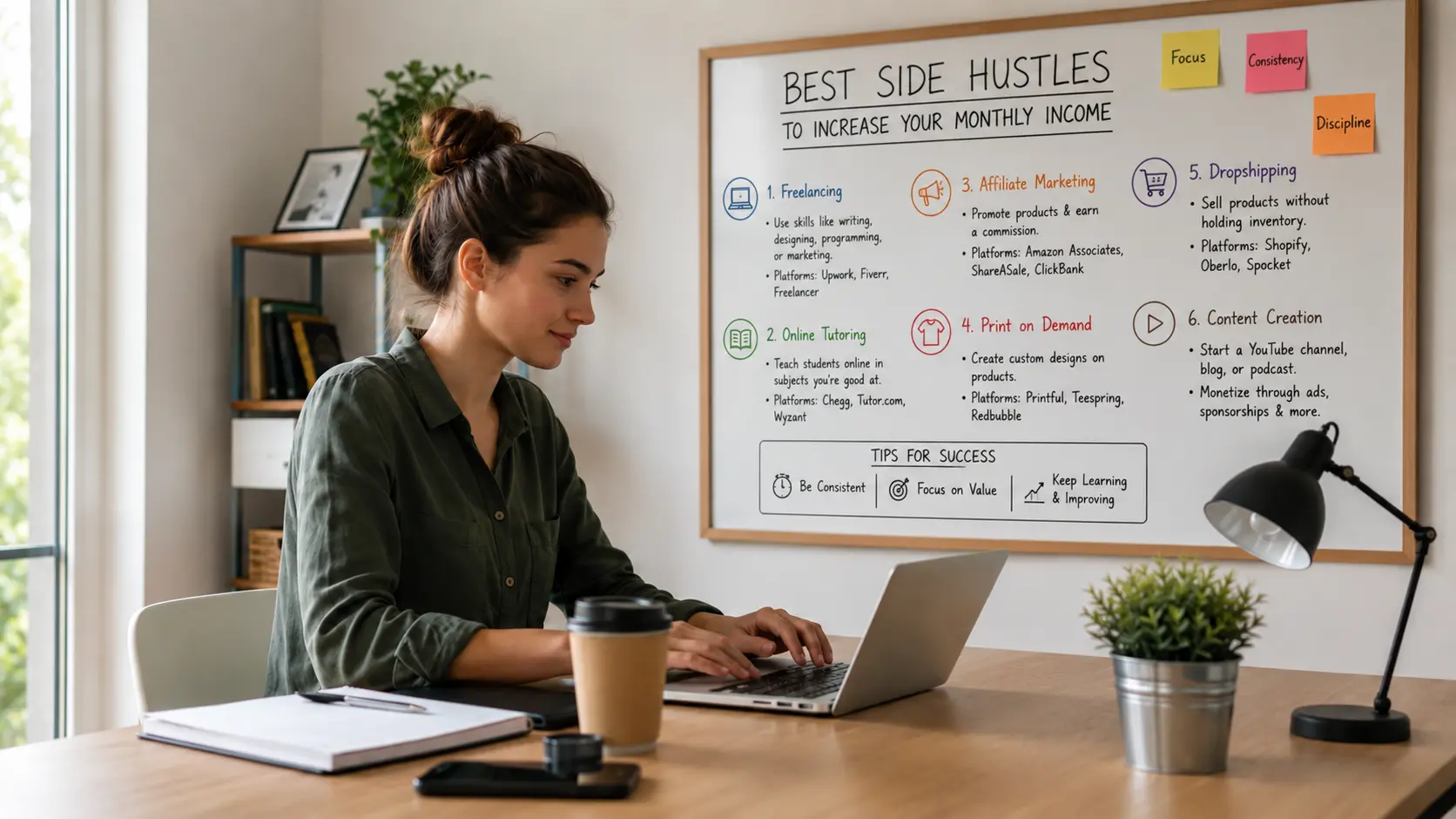 Woman working on a laptop with a whiteboard displaying the best side hustles to increase monthly income, including freelancing, affiliate marketing, dropshipping, online tutoring, print on demand, and content creation.
