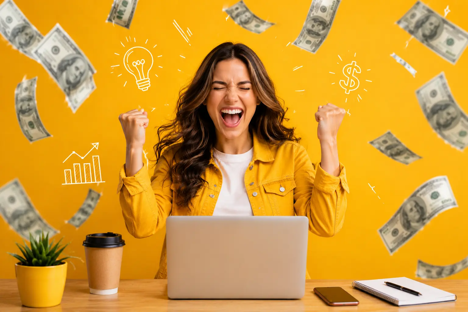 Woman celebrating online passive income success while working on a laptop with dollar bills and financial growth icons in the background