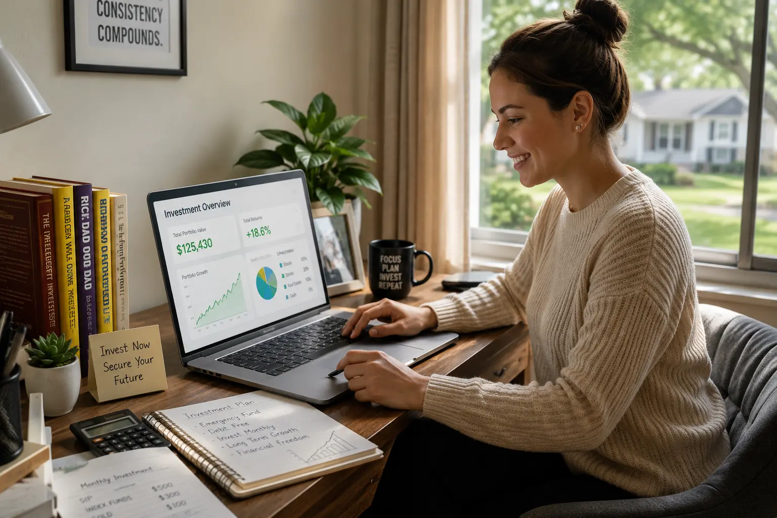 Woman reviewing an investment portfolio on a laptop to improve her financial future
