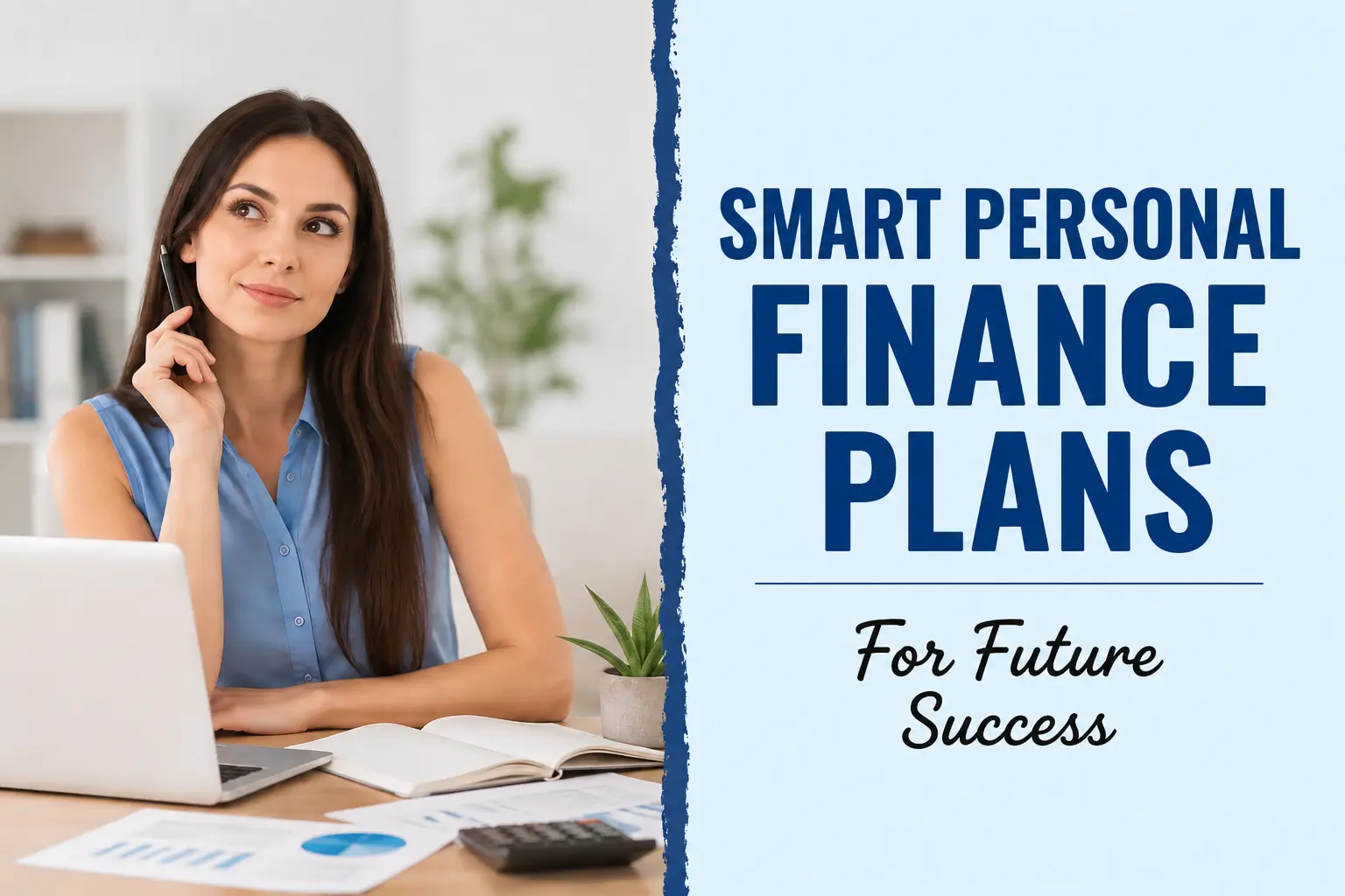 Woman creating a smart personal finance plan using a laptop, calculator, and financial reports for future financial success.