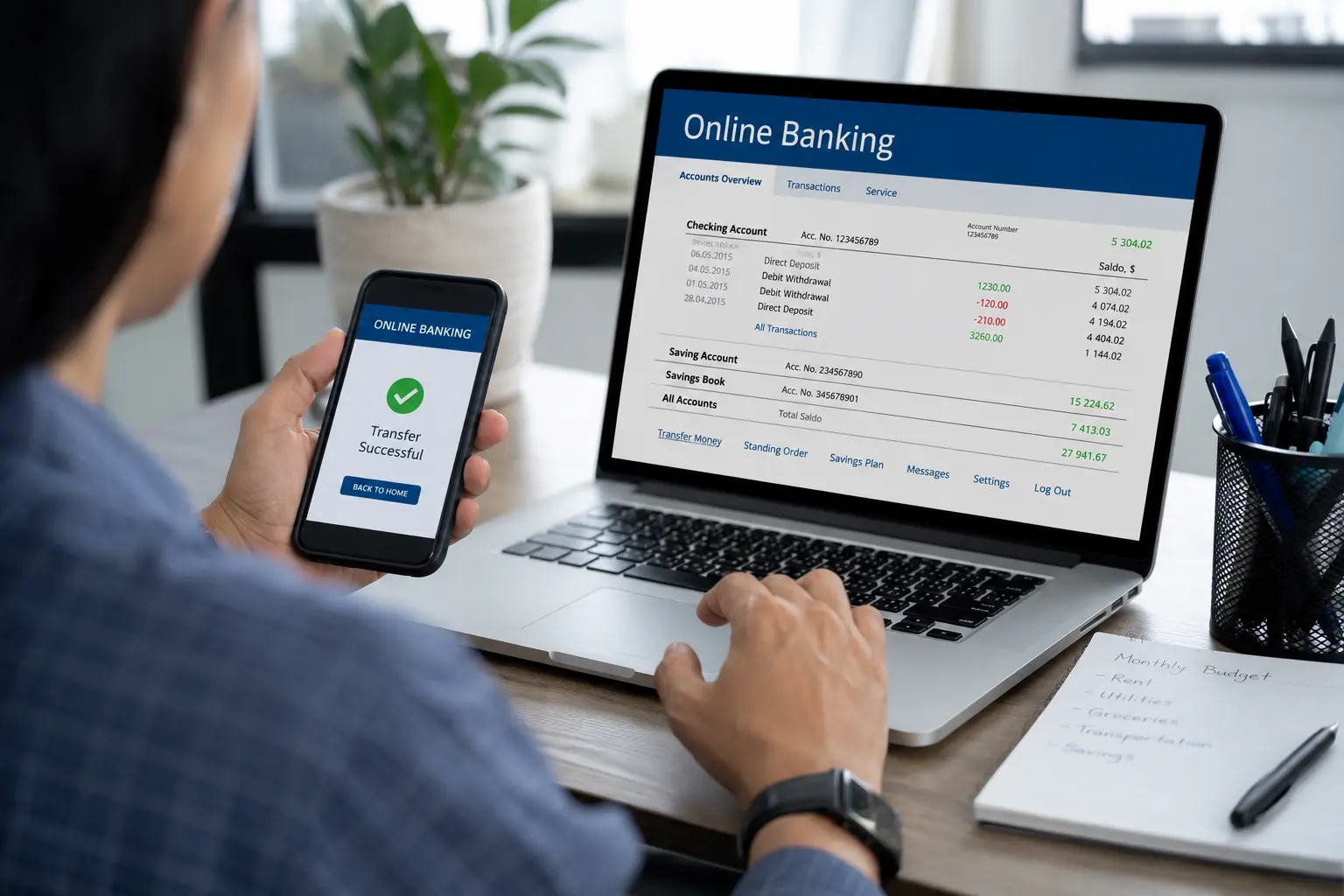 Person using online banking on a laptop and smartphone to manage accounts, transfer money, and make smart financial decisions.
