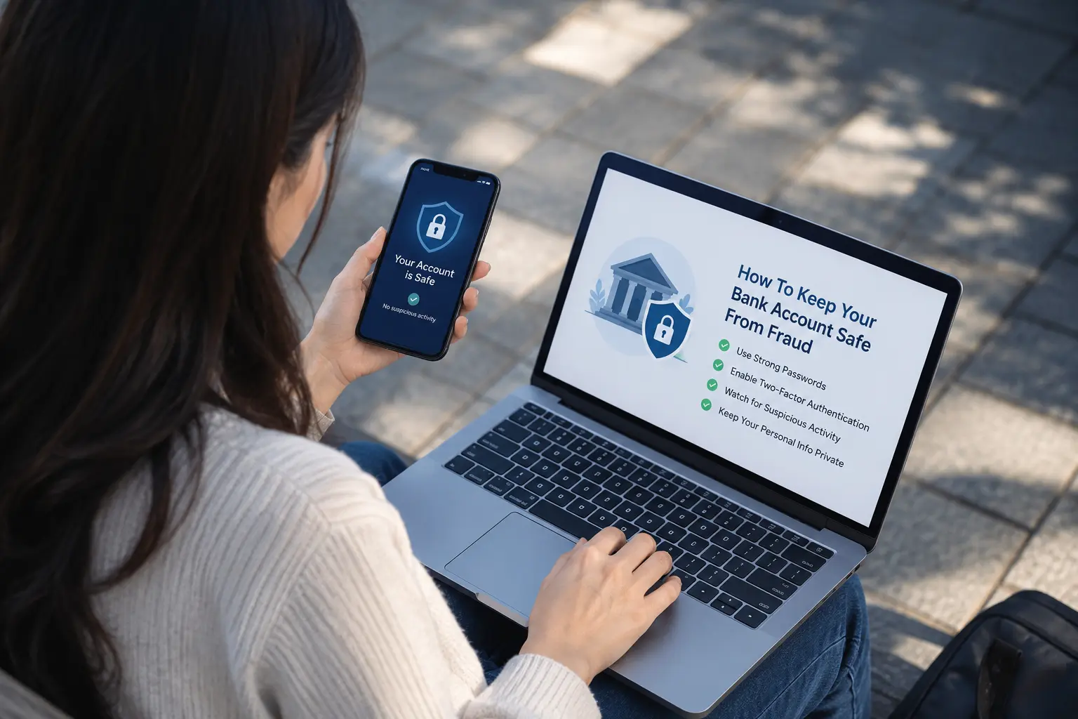Woman checking online banking security on laptop