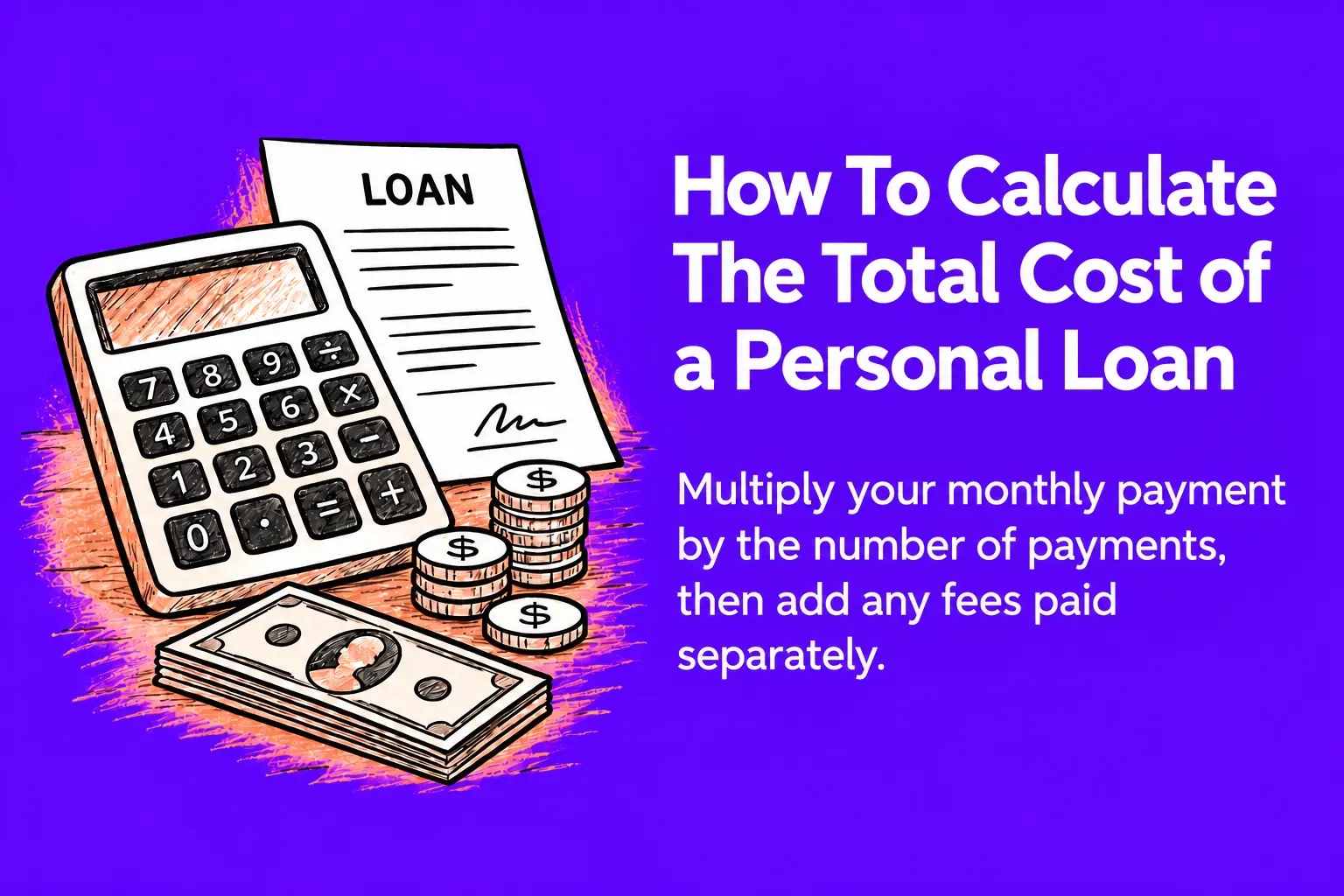 Illustration of a calculator, loan document, and cash explaining how to calculate the total cost of a personal loan."
