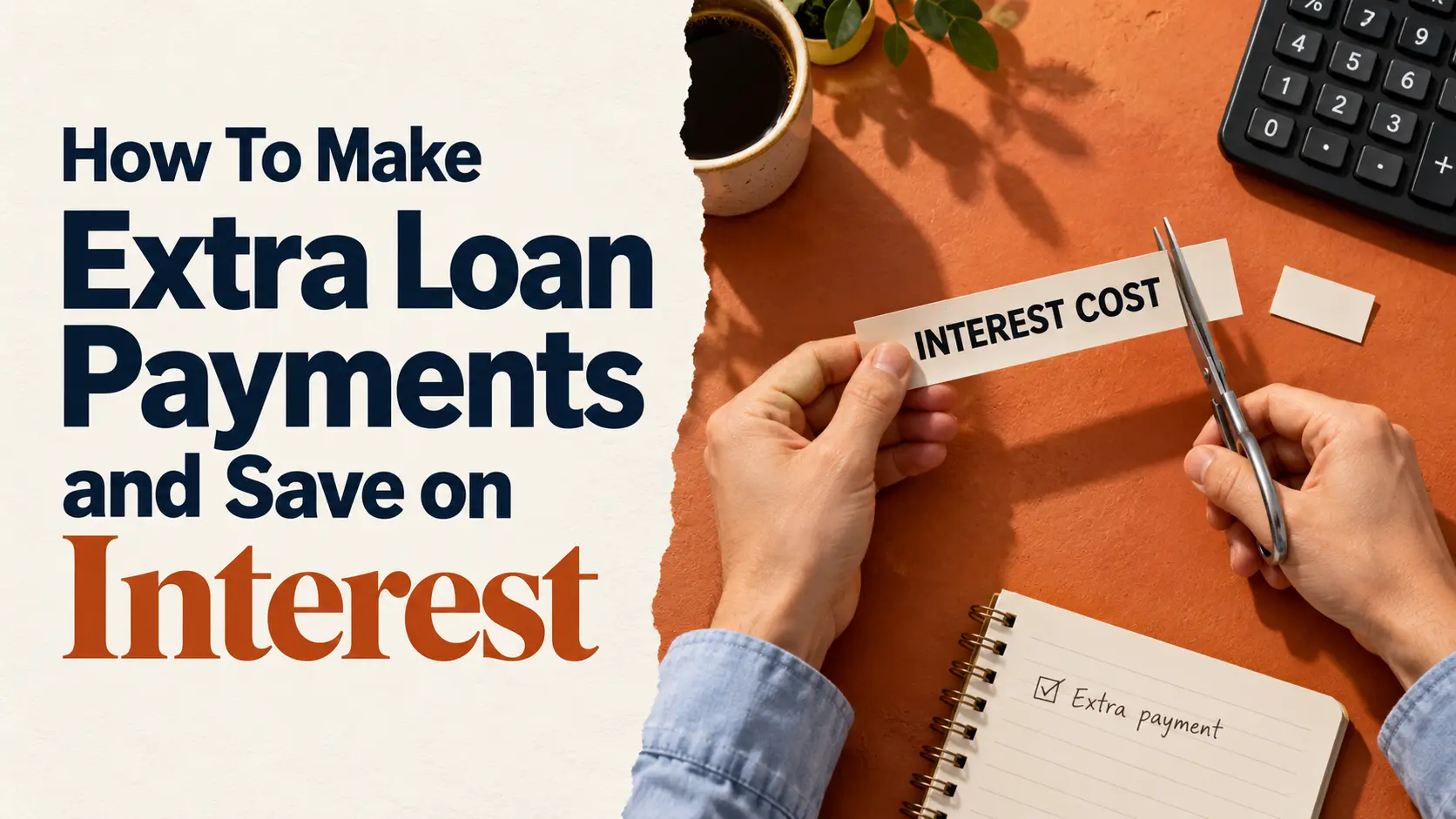 Hands cutting an interest cost label, illustrating how extra loan payments can reduce interest costs.