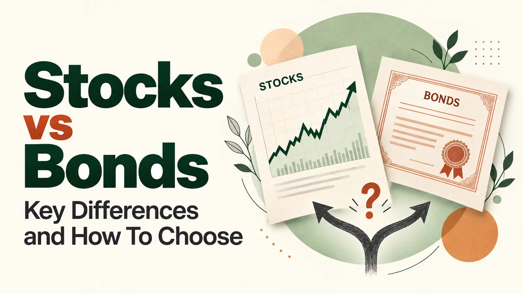 Stocks vs bonds comparison with a stock market chart and bond certificate illustrating investment choices.
